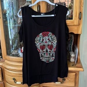 Rhinestone Skull Cold Shoulder Top 1X
